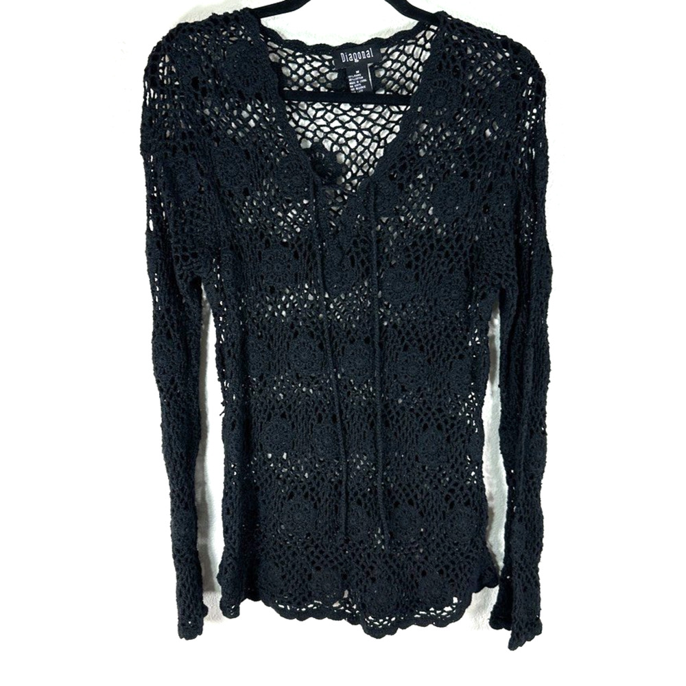 Diagonal Black Crochet Knit Top Scalloped Hem Swim Cover Beachy Hippie M Mod Roc